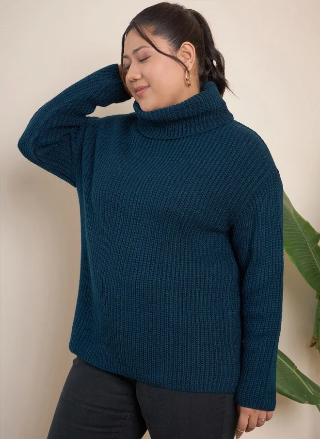 CURVY STREET Teal Blue Plus Size Ribbed Turtle Neck Pullover for Women