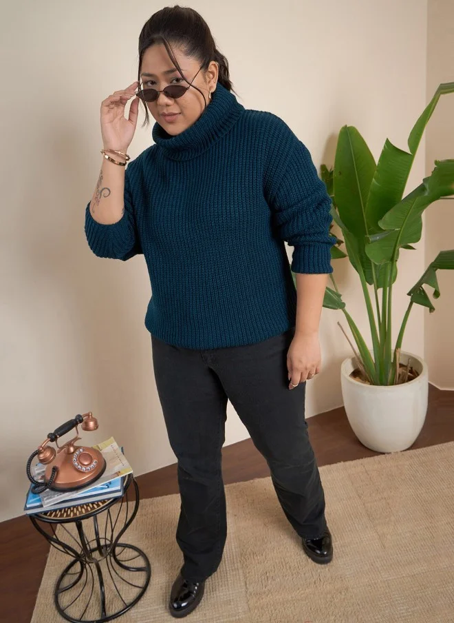 CURVY STREET Teal Blue Plus Size Ribbed Turtle Neck Pullover for Women