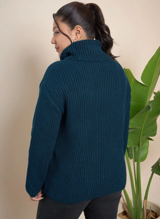CURVY STREET Teal Blue Plus Size Ribbed Turtle Neck Pullover for Women