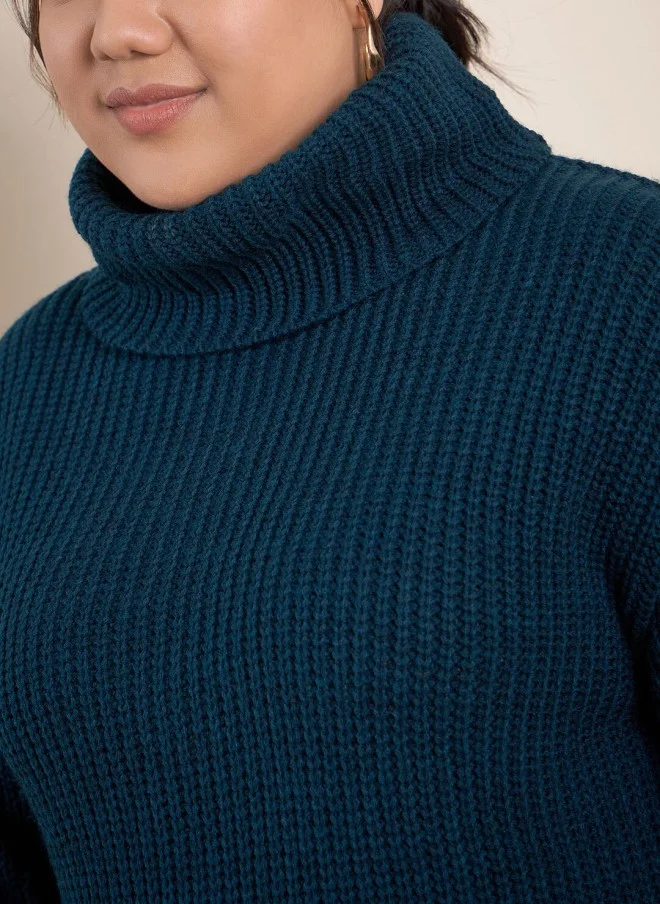 CURVY STREET Teal Blue Plus Size Ribbed Turtle Neck Pullover for Women