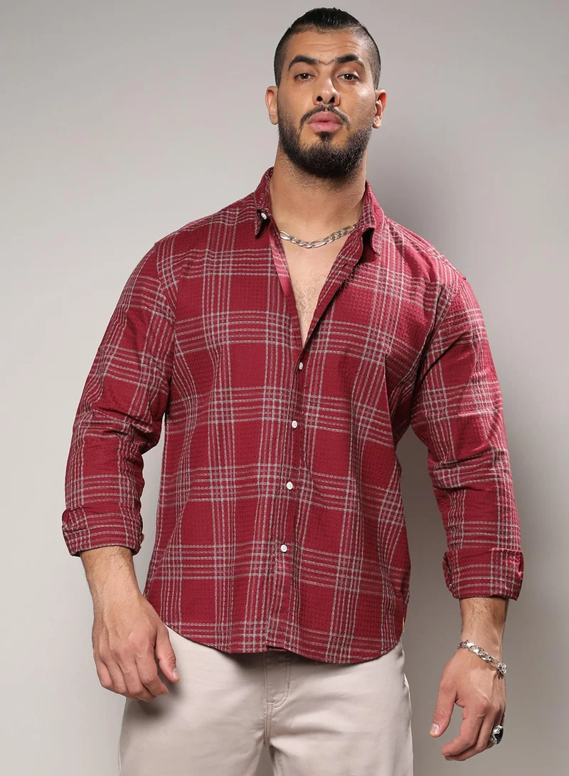 Instafab Plus Instafab Plus Men's Maroon Red Chalk Tartan Plaid Shirt For Casual Wear | Spread Collar | Long Sleeve | Button Closure | Cotton Blend Shirt Crafted With Comfort Fit For Everyday Wear