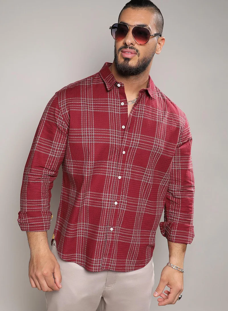 Instafab Plus Instafab Plus Men's Maroon Red Chalk Tartan Plaid Shirt For Casual Wear | Spread Collar | Long Sleeve | Button Closure | Cotton Blend Shirt Crafted With Comfort Fit For Everyday Wear
