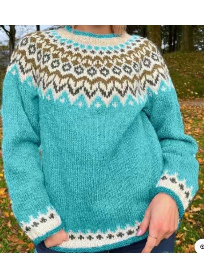 general Womens Fall Vintage Fair Isle Sweater Casual Loose Long Sleeve Crewneck Knitted Pullover Sweater Tops - Image 1