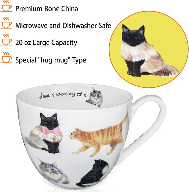 MFoffice Cute Cat Mugs for Daily Coffee and Tea, Premium 20 oz Bone China Coffee Tea Hug Mug, Perfect Holiday, Birthday, and Christmas Gift for Cat Lovers, Designed in England by Harvest Green Studio - Image 4