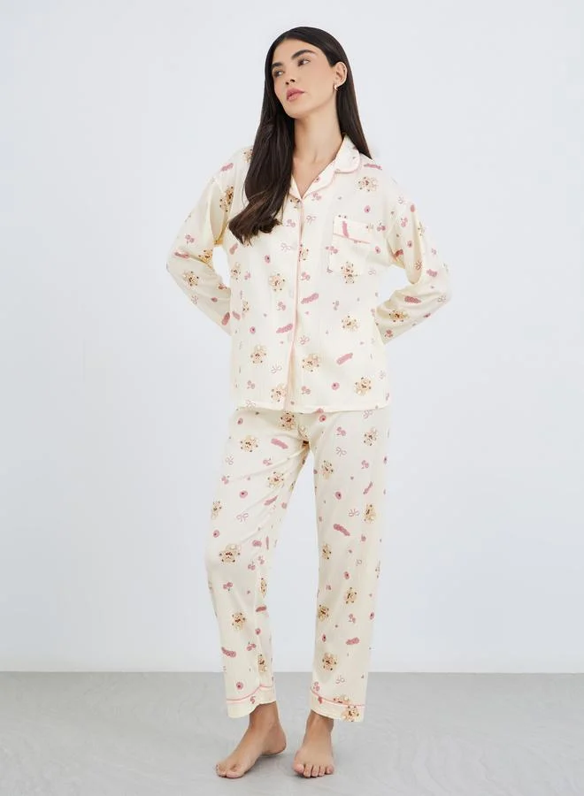 Take Two Take Two Bear Print Cotton Shirt and Pyjama Set