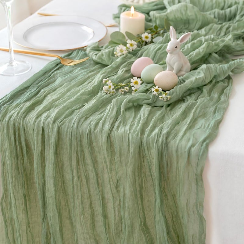Sioloc Sage Green Cheesecloth Table Runner 120'' x 35'',Spring Easter Decor Soft Gauze Boho Wedding Table Decor for 10ft Table Birthday Party,Baby Shower, Bridal Shower, Home & Event Decor - Image 1