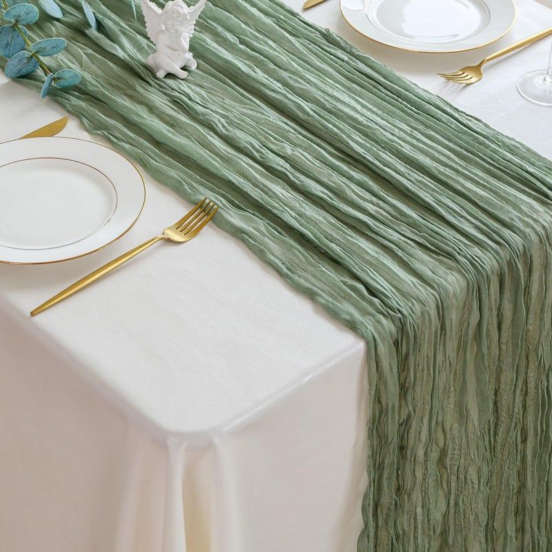 Sioloc Sage Green Cheesecloth Table Runner 120'' x 35'',Spring Easter Decor Soft Gauze Boho Wedding Table Decor for 10ft Table Birthday Party,Baby Shower, Bridal Shower, Home & Event Decor - Image 5
