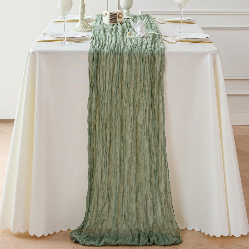 Sioloc Sage Green Cheesecloth Table Runner 120'' x 35'',Spring Easter Decor Soft Gauze Boho Wedding Table Decor for 10ft Table Birthday Party,Baby Shower, Bridal Shower, Home & Event Decor - Image 4