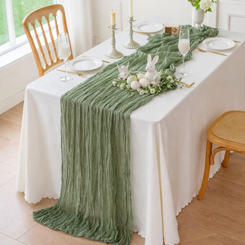 Sioloc Sage Green Cheesecloth Table Runner 120'' x 35'',Spring Easter Decor Soft Gauze Boho Wedding Table Decor for 10ft Table Birthday Party,Baby Shower, Bridal Shower, Home & Event Decor - Image 3