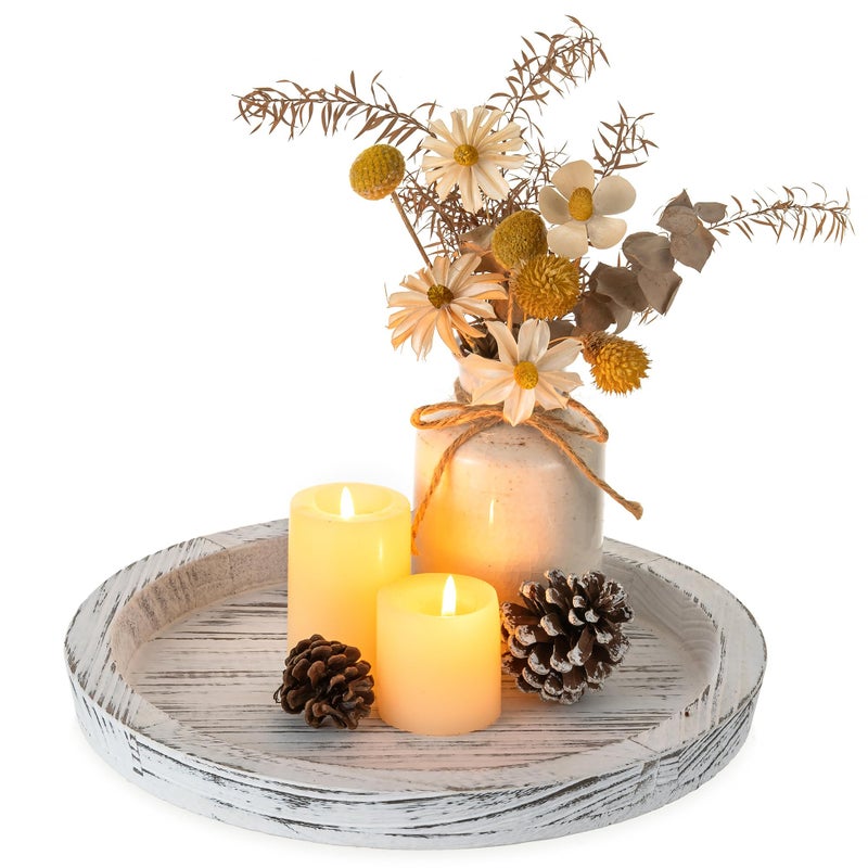 Hanobe Wooden Tray for Coffee Table: Candle Holder Plate Round Decorative Serving Tray - Vintage Table Centerpiece Rustic Farmhouse Home Decor - Image 1