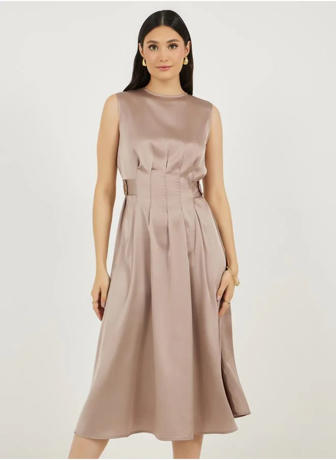 Styli Box Pleated Detail Sleeveless A-Line Midi Dress