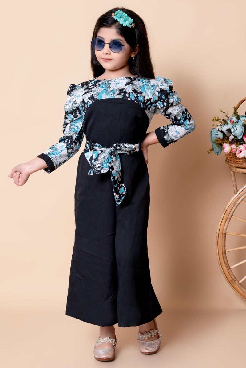 SPAMitude - Girls Floral Jumpsuit Party Dress | Festive Ankle Length Fashion Sleeve Fancy Dress for Birthday Girl (10-11 Years, Blue) - Image 2