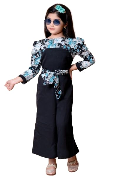 SPAMitude - Girls Floral Jumpsuit Party Dress | Festive Ankle Length Fashion Sleeve Fancy Dress for Birthday Girl (10-11 Years, Blue) - Image 1