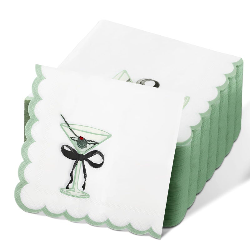 Dunzoom 100 Pcs Martini Cocktail Napkins a Tini Bit Older Birthday Decorations Scalloped Disposable Paper Napkins Espresso Martini Party Supplies for Bachelorette Party Decorations(Cute,White) - Image 1
