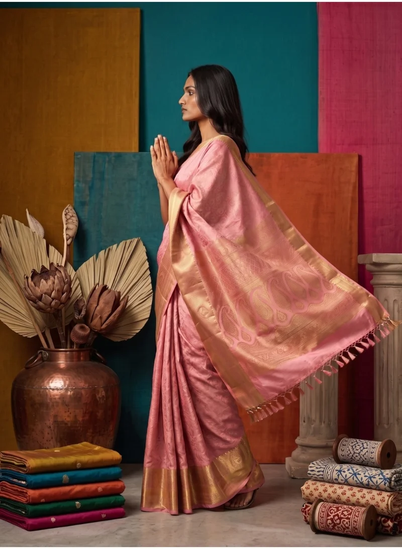 Nool  Kumutham Blush Kanchipuram Silk Saree with Unstitched Blouse for Women | Best Price UAE