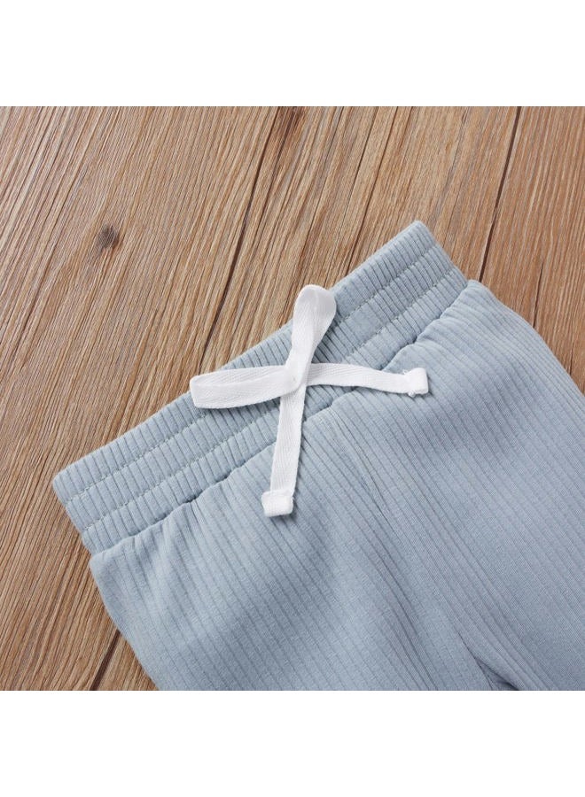CIYCUIT Fall Winter Baby Boy Girl Clothes 2Pcs Unisex Newborn Outfits Long Sleeve Solid Color Ribbed Knitted Romper Pants Set, A1 Blue, 0-3 Months - Image 5