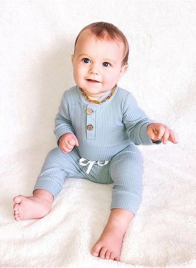 CIYCUIT Fall Winter Baby Boy Girl Clothes 2Pcs Unisex Newborn Outfits Long Sleeve Solid Color Ribbed Knitted Romper Pants Set, A1 Blue, 0-3 Months - Image 2