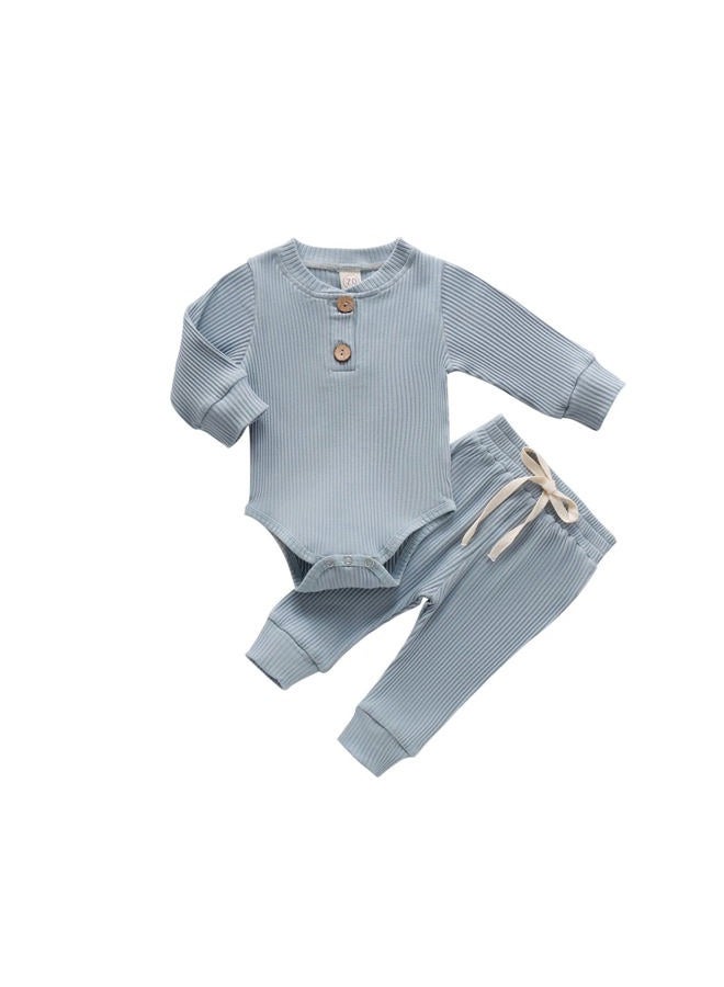 CIYCUIT Fall Winter Baby Boy Girl Clothes 2Pcs Unisex Newborn Outfits Long Sleeve Solid Color Ribbed Knitted Romper Pants Set, A1 Blue, 0-3 Months - Image 1
