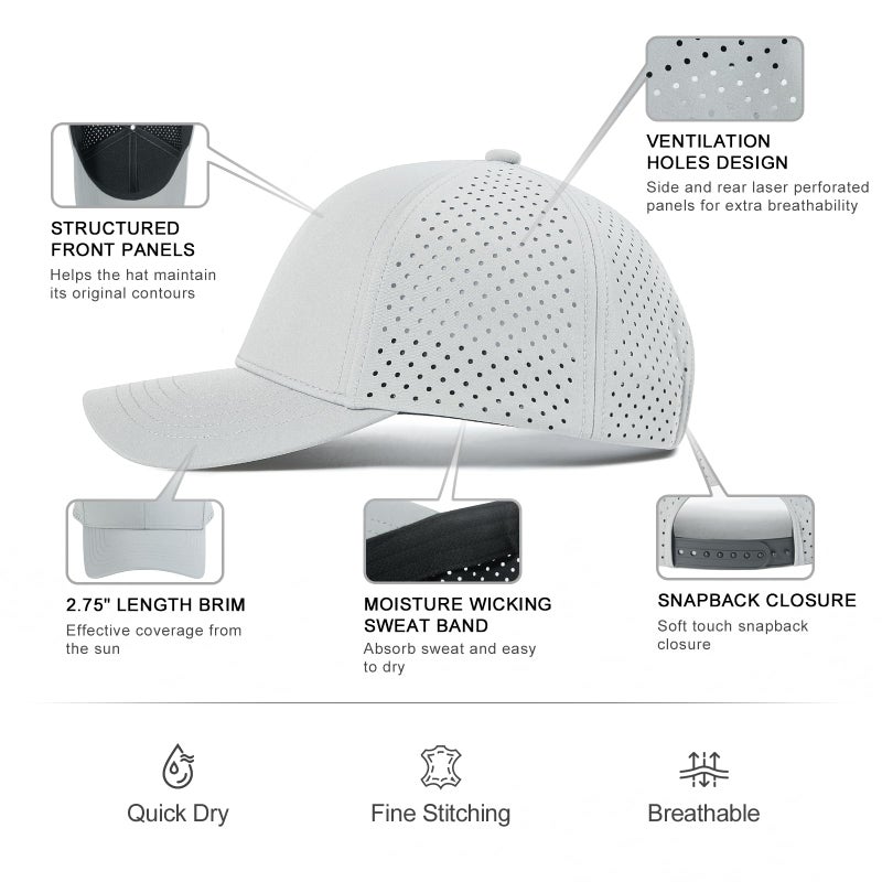 VOBOOM Men Quick Dry Baseball Cap Laser Cut Mesh Ball Curved Brim Snapback Hat (Grey) - Image 5