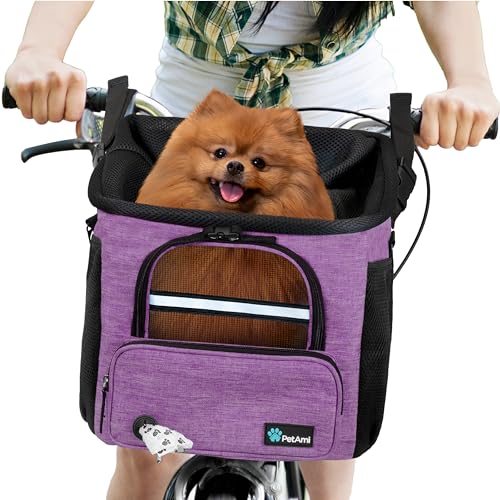 PetAmi Dog Bike Basket SoftSided Ventilated Dog Bike Carrier Backpack Pet Bicycle Basket for Bike Handlebar Small Medium Puppy Cat Kitten Car Booster Seat with Safety Strap Max 18 lbs Purple - Image 1
