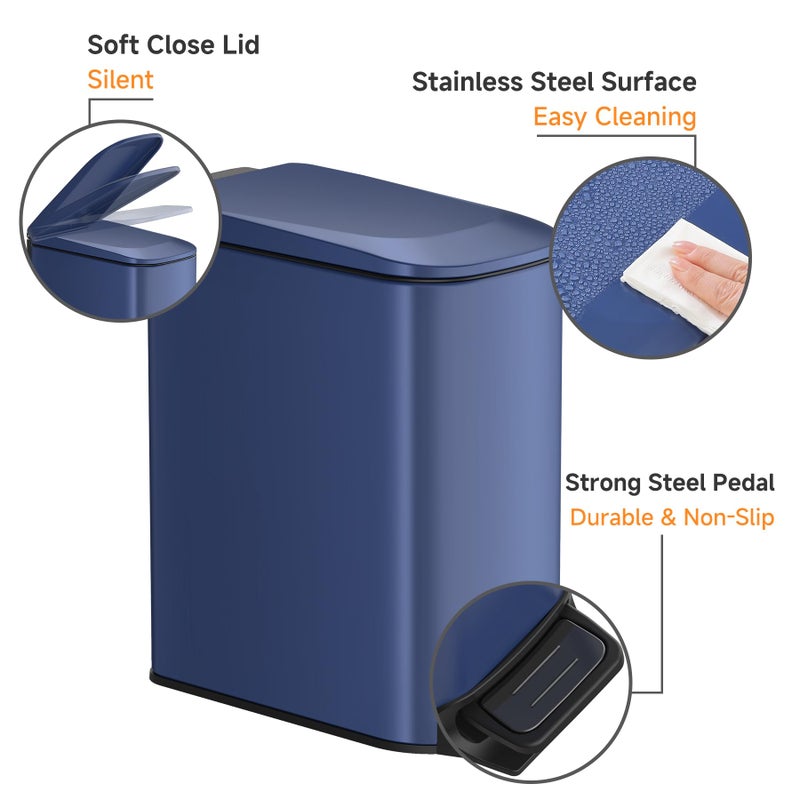TIPGO Slim Bathroom Trash Can with Lid Soft Close, Step Pedal, 6 Liter / 1.6 Gallon Stainless Steel Trash Bin, Small Garbage Can for Bedroom, Office, Kitchen (Navy Blue) - Image 3