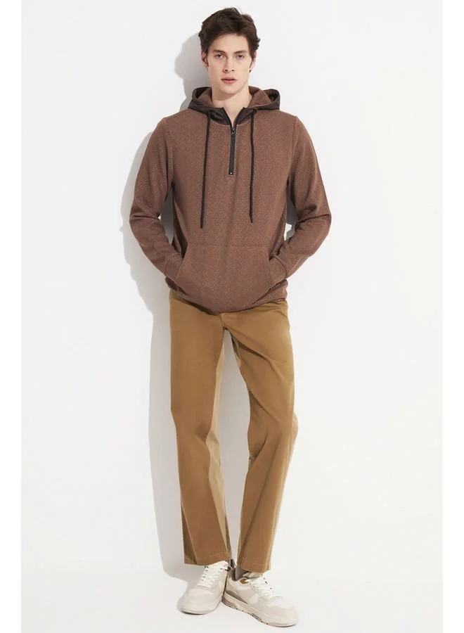 JUNE June Exclusive Men Half Zipper Hooded Sweatshirt Brown