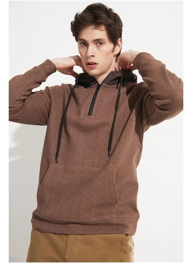 جون June Exclusive Men Half Zipper Hooded Sweatshirt Brown