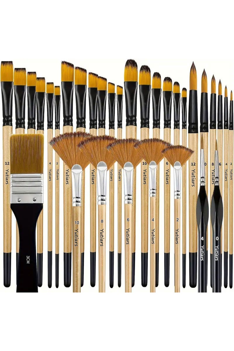 erorex wood color 28/32 Pieces Paint Brush Set, Artist Series, Nylon Bristles with Round, Filbert, Flat, Fa
