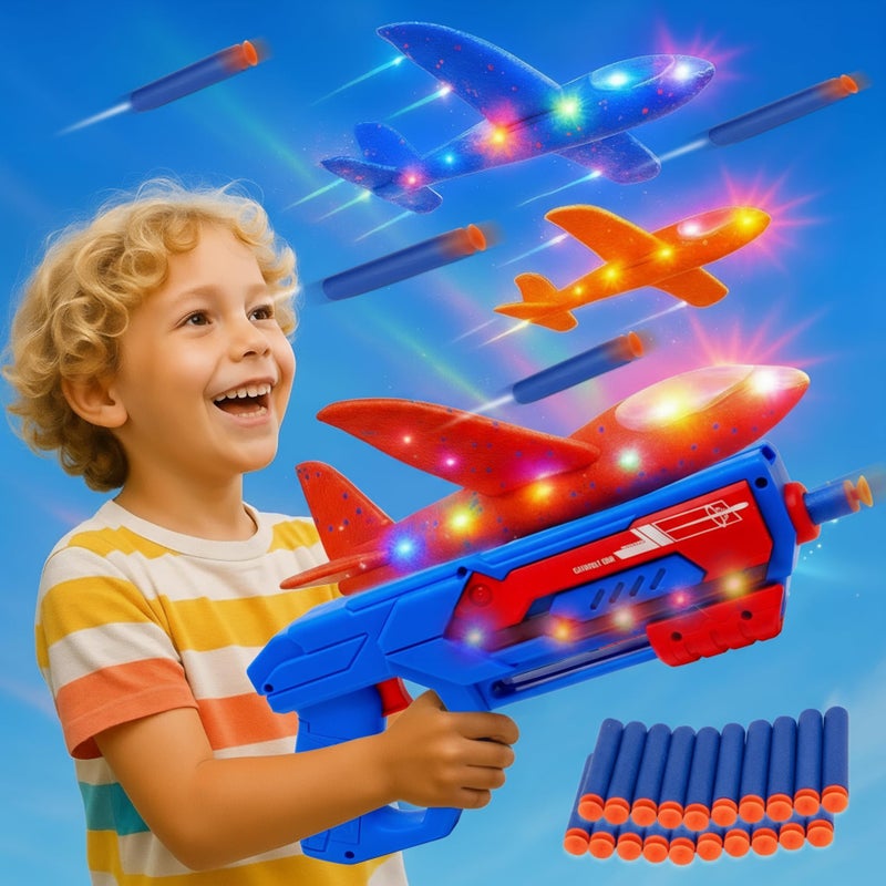 Kiddie Play لعبة قاذف الطائرة للأطفال مع 3 طائرات فوم مضيئة بLED و20 سهم لعبة طائرة طائرة خارجية هدايا عيد الميلاد للأولاد من عمر 3 - Image 3