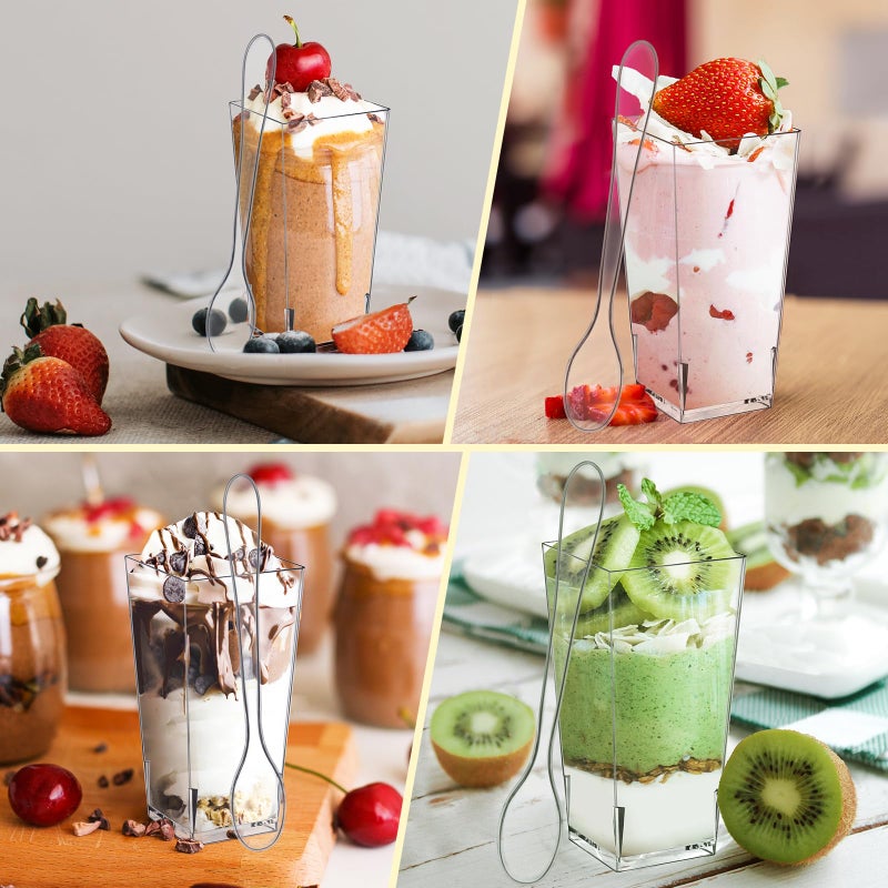Eupako 3 oz Plastic Dessert Shooter Cups with Lid and Spoons  50 PCS Mini Clear Square Plastic Tumbler Cups  Small Dessert Cup for Jello Shots  Appetizers  Puddings  Mousse  Parfait - Image 4
