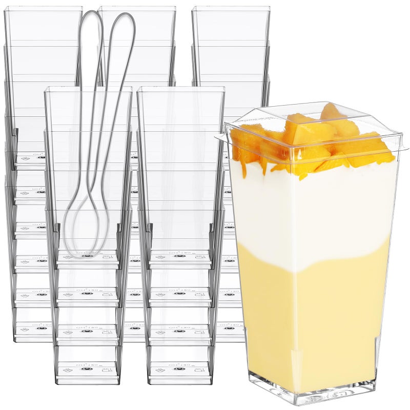 Eupako 3 oz Plastic Dessert Shooter Cups with Lid and Spoons  50 PCS Mini Clear Square Plastic Tumbler Cups  Small Dessert Cup for Jello Shots  Appetizers  Puddings  Mousse  Parfait - Image 1