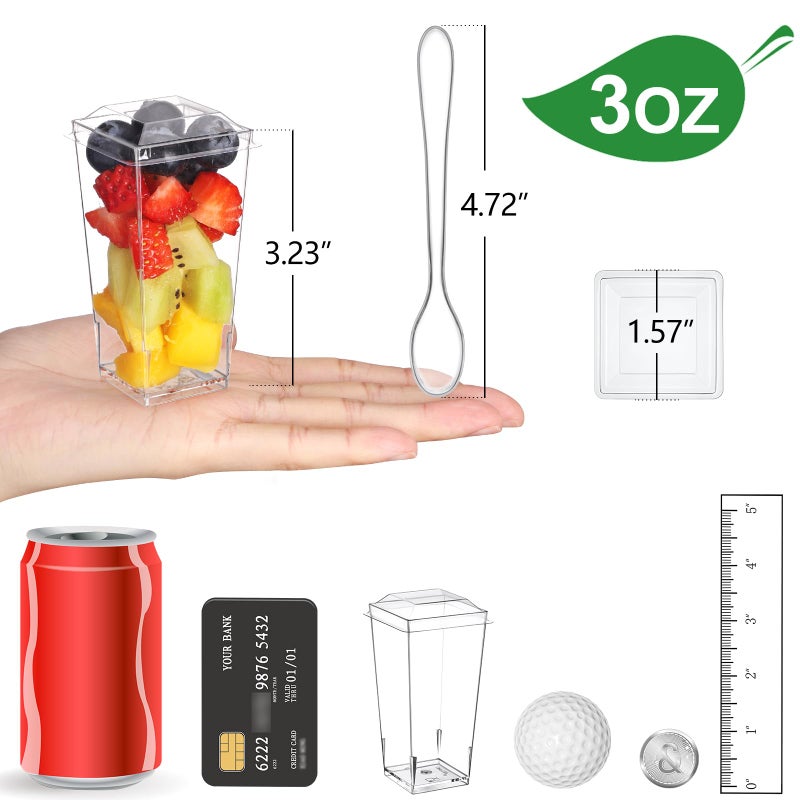 Eupako 3 oz Plastic Dessert Shooter Cups with Lid and Spoons  50 PCS Mini Clear Square Plastic Tumbler Cups  Small Dessert Cup for Jello Shots  Appetizers  Puddings  Mousse  Parfait - Image 2