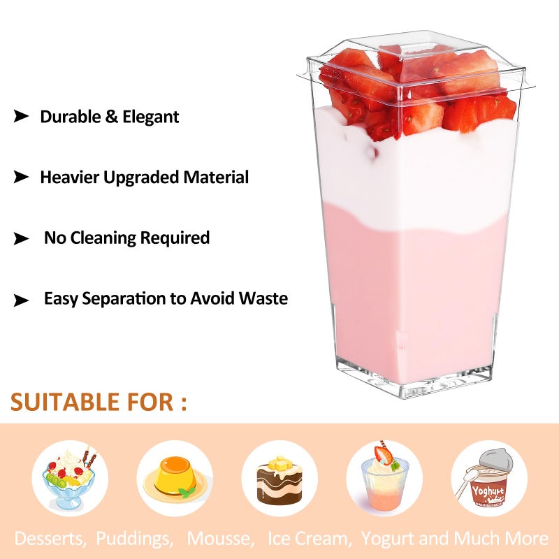 Eupako 3 oz Plastic Dessert Shooter Cups with Lid and Spoons  50 PCS Mini Clear Square Plastic Tumbler Cups  Small Dessert Cup for Jello Shots  Appetizers  Puddings  Mousse  Parfait - Image 3