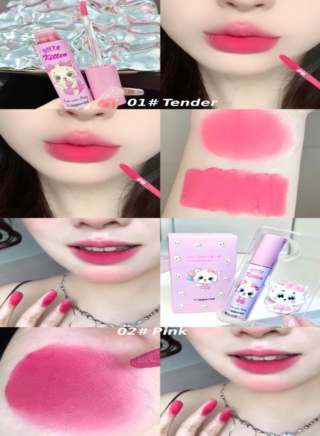 Cappuvini Cute Kitten Honey Soft Lip Mud | Liquid Lipstick with Matte Finish | Featherlight Breathable Lips Color | Clean Girl & Y2K Style Beauty Product | Pink & Peach Color Options | Cute Pastel Kitten Character Cap Design | Fade-Resistant Comfortable Wear | Smooth Gliding Lip Mud for women (02# Pink, 2.5g) - Image 3
