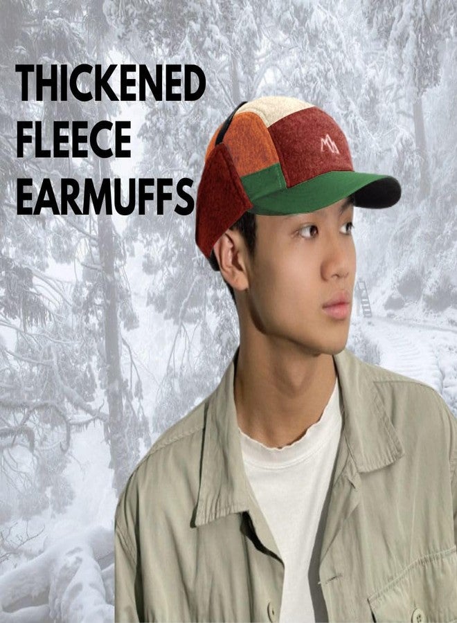 FASHIXD Winter 5 Panel Baseball Cap with Ear Flap, Vintage Fleece Flat Brim Cap for Men Women (US, Alpha, One Size, Khaki/Green) - Image 2