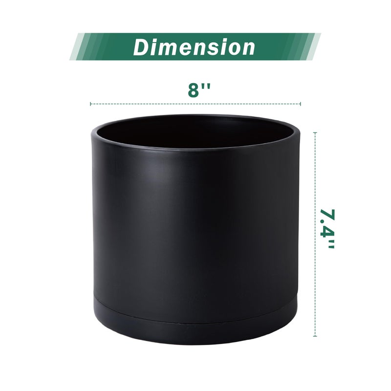 D'vine Dev 2 Pack 8 Inch Modern Plastic Plant Pots, Cylindrical Garden Planters for Plants with Drainage Holes and Saucers, Black, 74-Y-M-1 - Image 2