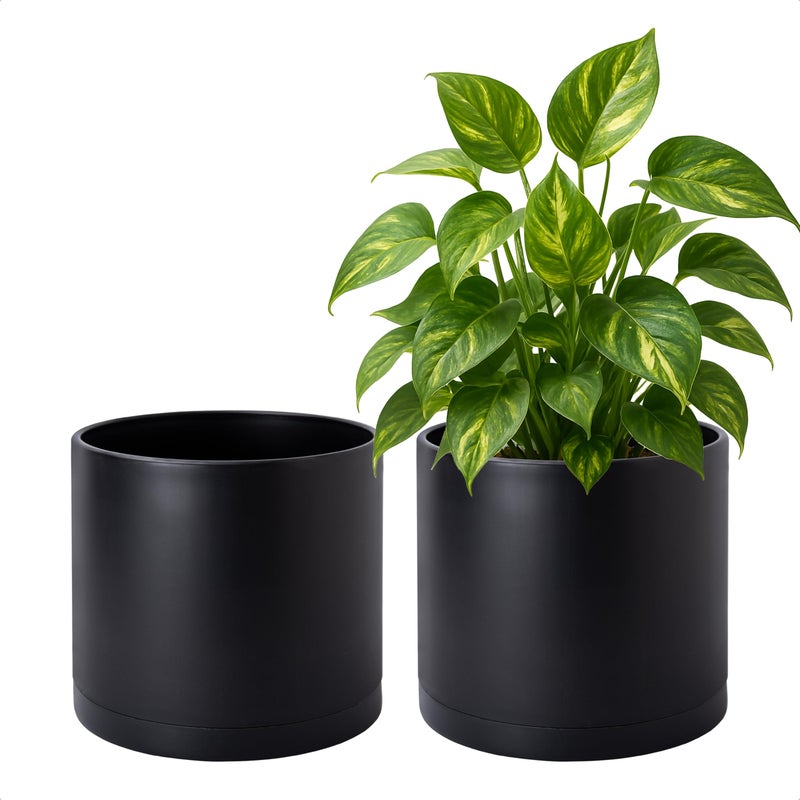 D'vine Dev 2 Pack 8 Inch Modern Plastic Plant Pots, Cylindrical Garden Planters for Plants with Drainage Holes and Saucers, Black, 74-Y-M-1 - Image 1