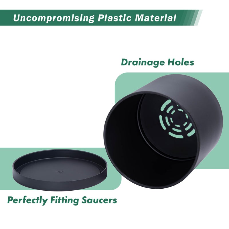 D'vine Dev 2 Pack 8 Inch Modern Plastic Plant Pots, Cylindrical Garden Planters for Plants with Drainage Holes and Saucers, Black, 74-Y-M-1 - Image 4