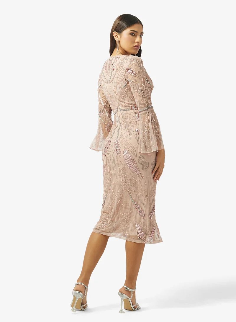 Amelia Rose  V-Neck Front Slit Midi Dress for Women | Best Price UAE