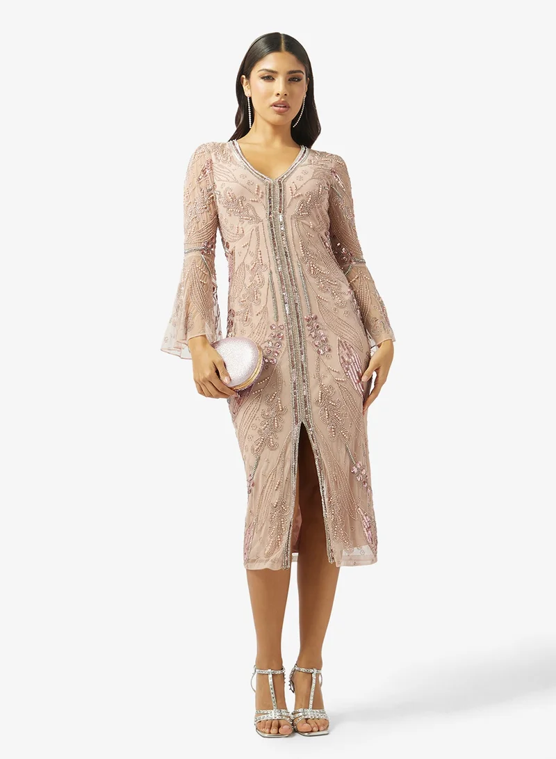 Amelia Rose  V-Neck Front Slit Midi Dress for Women | Best Price UAE