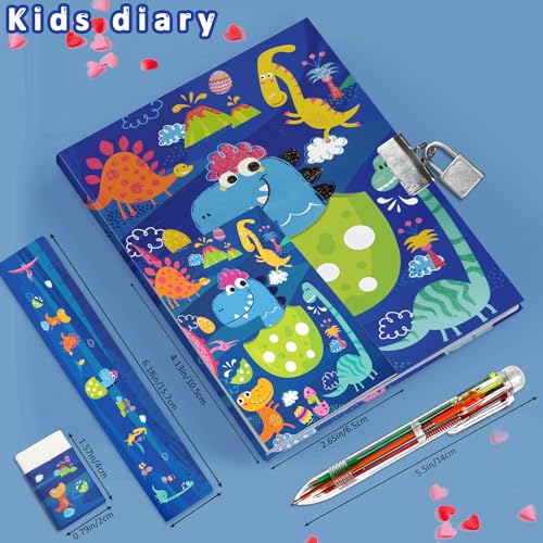 GINMLYDA Boys Diary with Lock, Dinosaur Secret Diary Set Incl. Kids Lockable Journal Memo 6-Multicolor Pen Ruler Eraser Sharpener Writing Notebook Gift for Boys 6-10 - Image 4