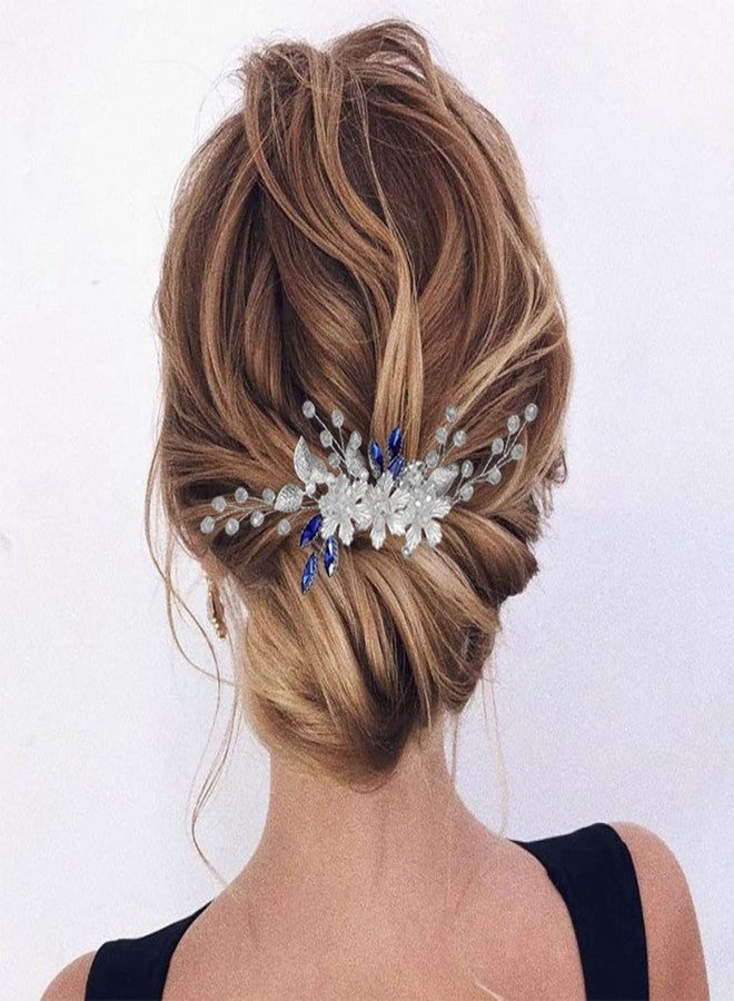 Jeairts Flower Wedding Hair Comb Bridal Blue Rhinestone Hair Pieces Floral Crystal Hair Accessories for Women - Image 2