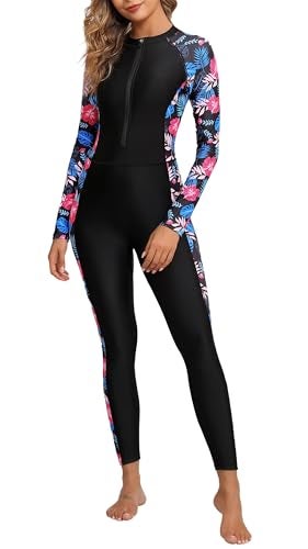ALLTOKE Womens Full Body Rash Guard with Built in Bra Long Sleeve One Piece Swimsuit UPF50+ Zip Front Bathing Suit Black Pink Flower M - Image 1