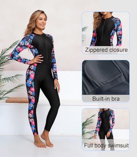 ALLTOKE Womens Full Body Rash Guard with Built in Bra Long Sleeve One Piece Swimsuit UPF50+ Zip Front Bathing Suit Black Pink Flower M - Image 3