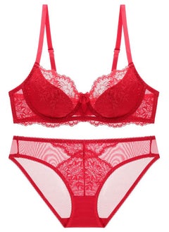Comfy Solid Color Thin Cup Lace Bra And Panty Set Red