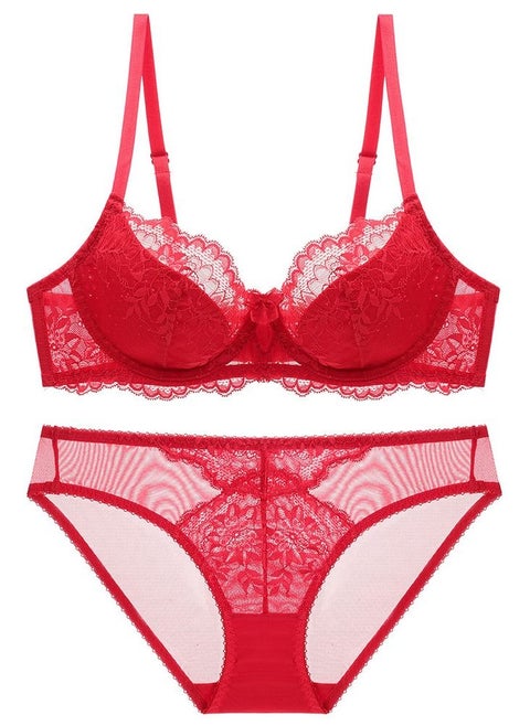 Comfy Solid Color Thin Cup Lace Bra And Panty Set Red