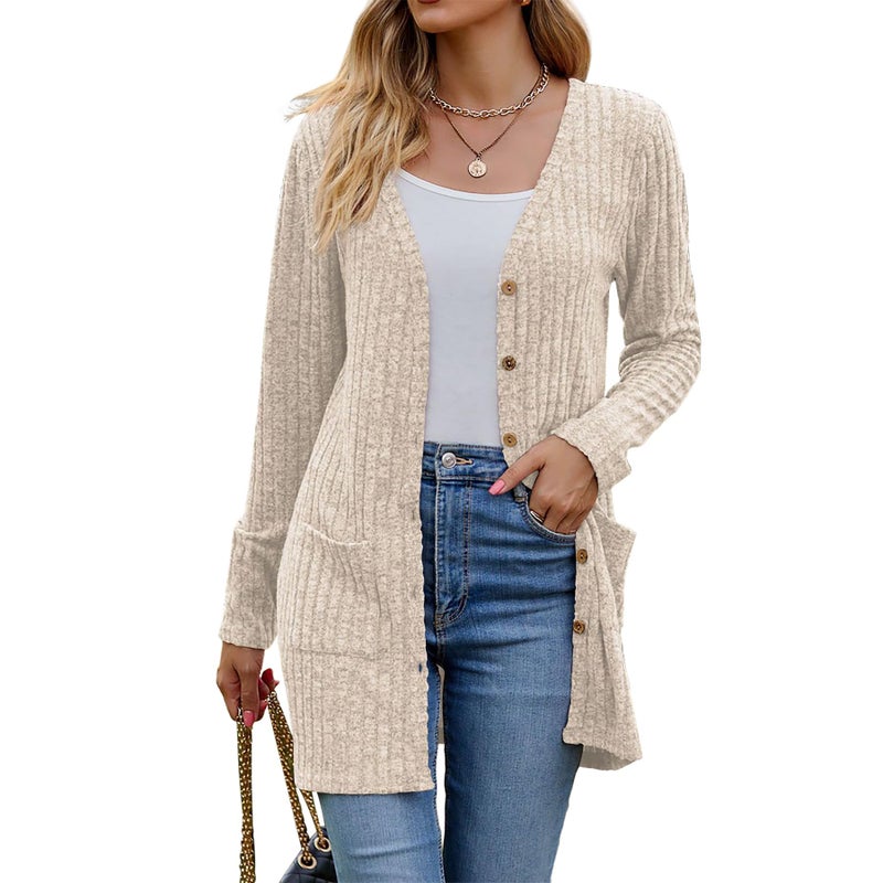 Witsmile Cardigan for Women Fall Long Sleeve Open Front Cozy Sweater Coat with Pockets Button Down Loose Outwear(Apricot, Large) - Image 1