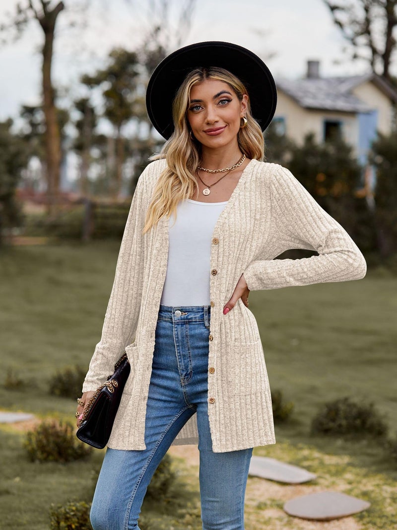 Witsmile Cardigan for Women Fall Long Sleeve Open Front Cozy Sweater Coat with Pockets Button Down Loose Outwear(Apricot, Large) - Image 3