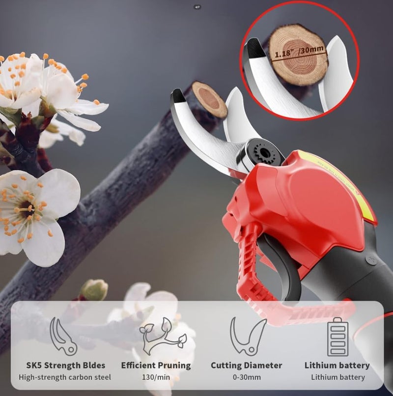 GearZone Electric pruning scissors,21V Portable Handheld Electric Pruning Shears with 2PCS Batteries, Cordless Powered Tree Branch Pruner Garden Clippers 25mm Cutting Diameter, Red Color - Image 4