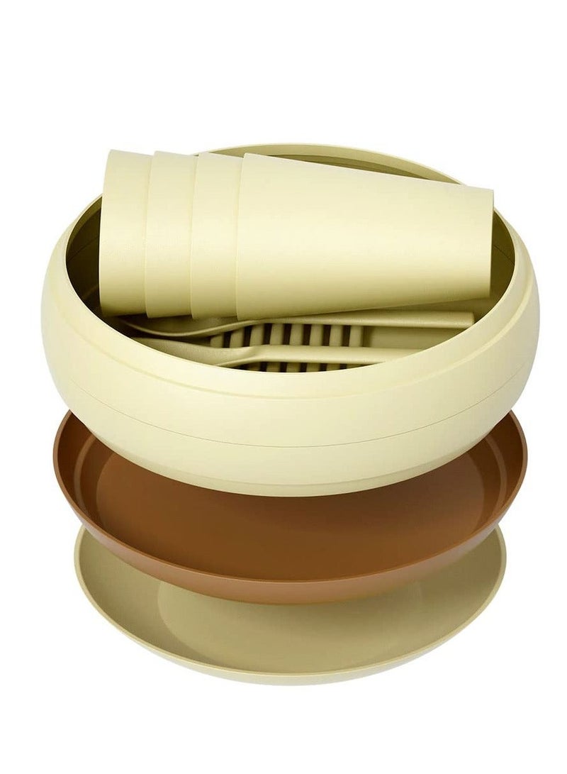 طقم أطباق نزهة للتخييم آمن في غسالة الصحون والميكروويف (17 قطعة) طقم أدوات مائدة بلاستيكية قابلة لإعادة الاستخدام للتخييم وRV والنزهات والمطبخ رائع للأطفال والبالغين (بيج) - Image 4